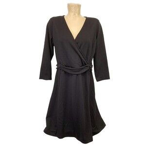 Lands’ End Black Dress L Large 14 16 44" 3/4 Long Sleeve A Line V Neck